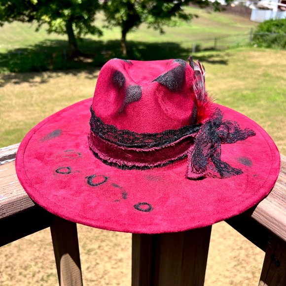 Distressed Mushroom Burned Hat, Flat Brim Suede Hat, Cottage Core Burned Hat - Picture 4 of 4